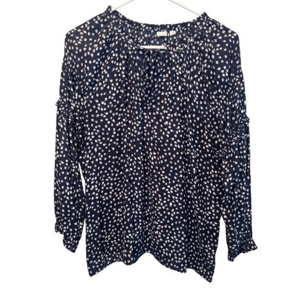 Gap Navy Blue Floral Ditsy Long Sleeve Ruffle Tie Neck Blouse XL